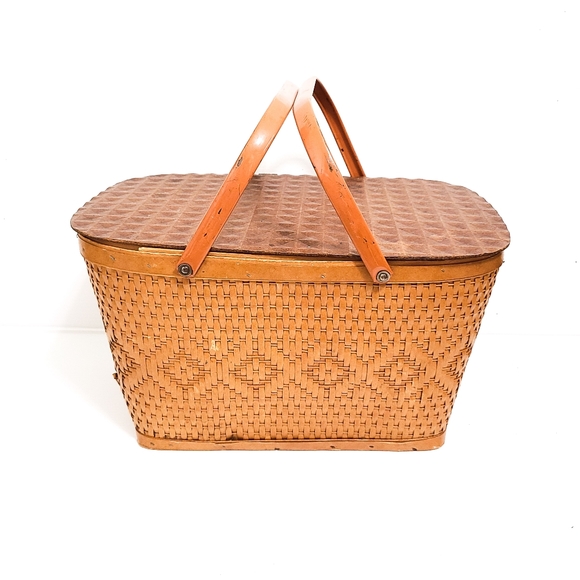 VTG Redman '50s LARGE Straw Woven Wicker Picnic Basket with Picnic Blank… - Picture 3 of 6
